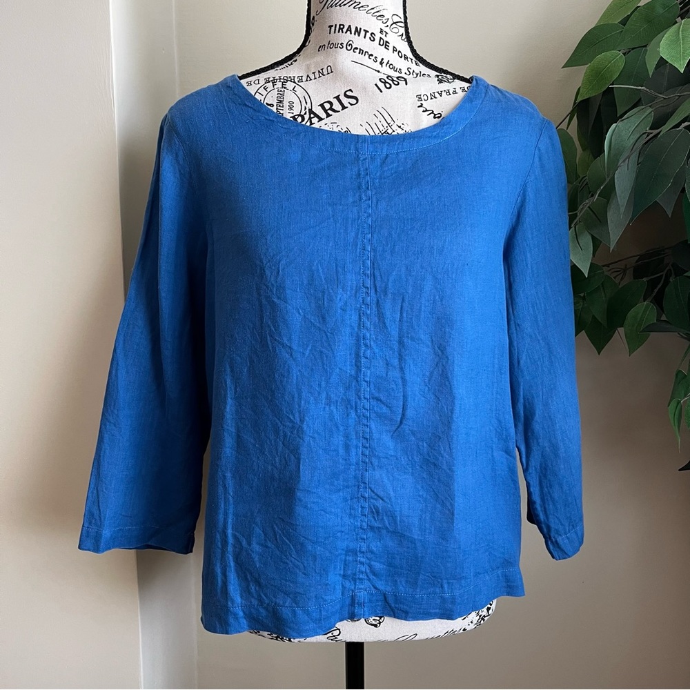 Nicole Miller NY Linen Button Back Long Sleeve Top Blue Sz S